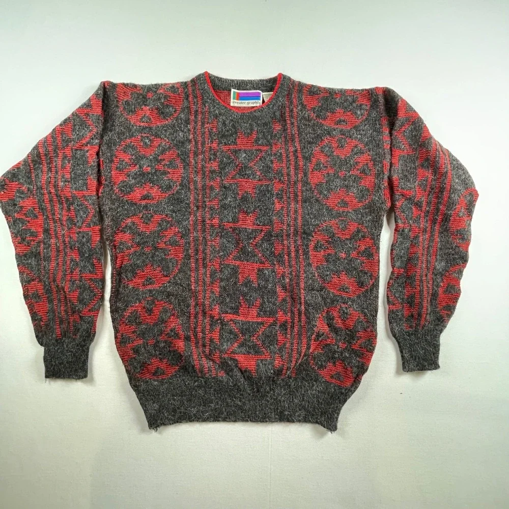 Sweater Graphix Men's Geometric Print Crewneck Sweater Size Medium Gray Red‎